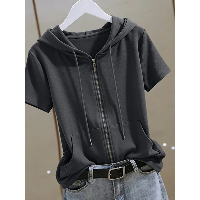 Women'S Fashion Zip Hoodie - هودي نسائي صيفي بأكمام قصيرة، مصنوع