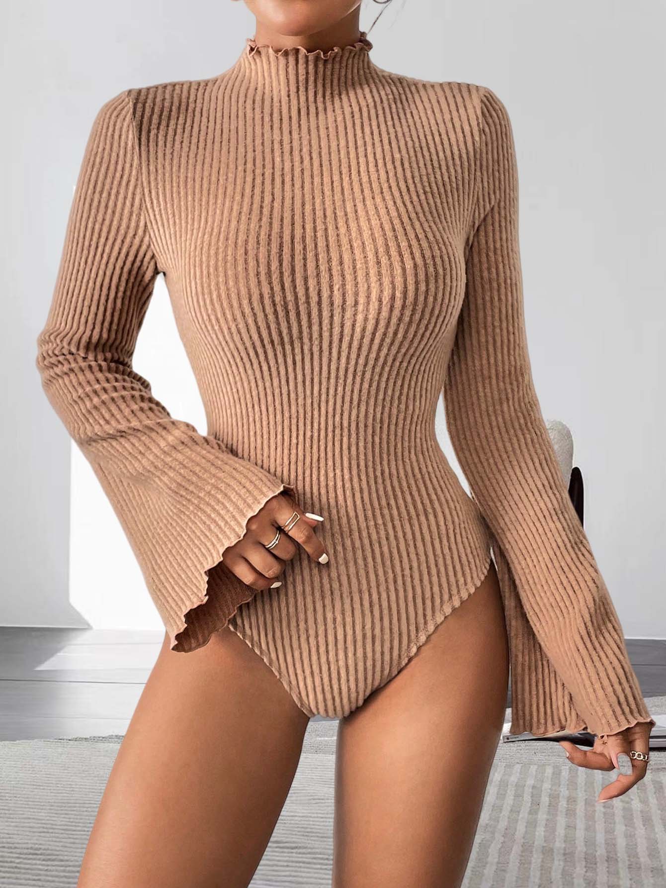 Turtleneck Bodysuit - بودي سوت نسائي كاكي محبوك مضلع