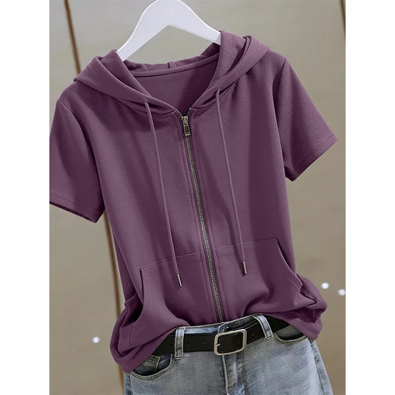 هودي نسائي صيفي بأكمام قصيرة،  - مراجعة Women'S Fashion Zip Hoodie وسعره